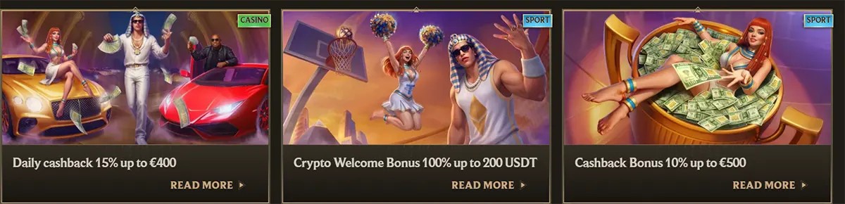 Casino and sports promo cards featuring a daily cashback offer up to €400, a crypto welcome bonus up to 200 USDT, and a cashback bonus up to €500, each with luxury-themed artwork and “Read More” links on a dark gold interface.