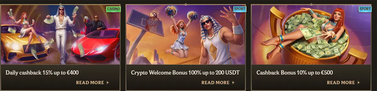 Casino and sports promo cards featuring a daily cashback offer up to €400, a crypto welcome bonus up to 200 USDT, and a cashback bonus up to €500, each with luxury-themed artwork and “Read More” links on a dark gold interface.