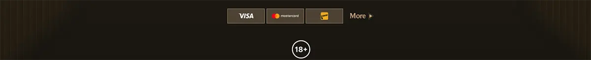 Payment methods footer with Visa, Mastercard, and Maestro icons, a “More” link, and an 18+ badge centered on a dark background.