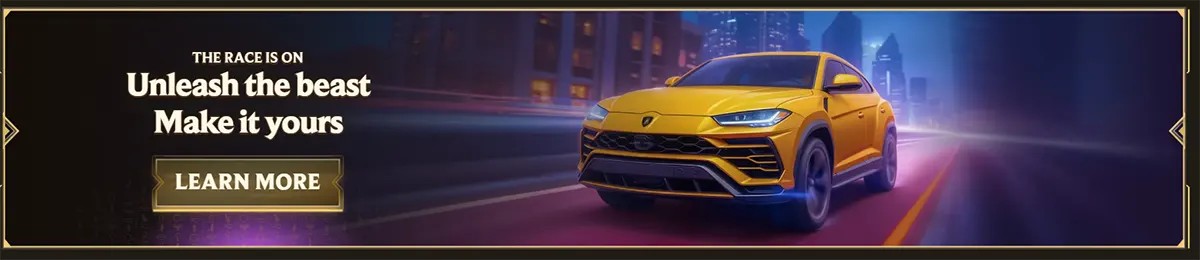 Luxury casino promo banner featuring a yellow sports car speeding through a neon-lit city at night, with the slogan “Unleash the beast, Make it yours” and a gold “Learn More” button.