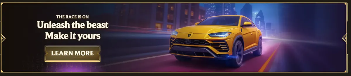 Luxury casino promo banner featuring a yellow sports car speeding through a neon-lit city at night, with the slogan “Unleash the beast, Make it yours” and a gold “Learn More” button.
