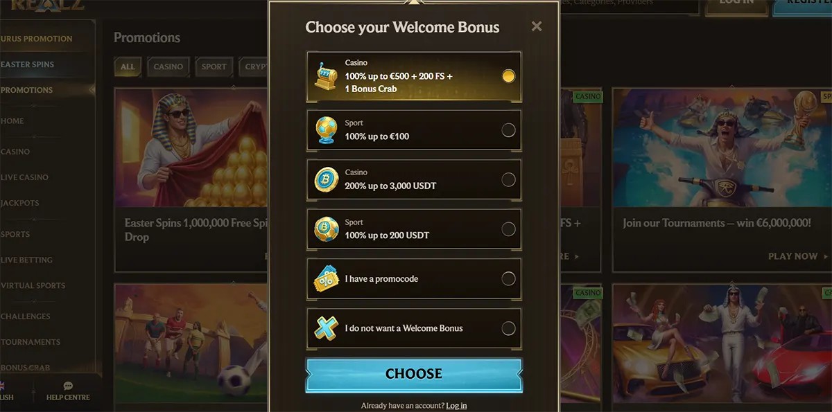 Casino welcome bonus selection popup with multiple bonus options for casino, sport, and crypto offers, plus promo code and no-bonus choices, and a bright blue choose button on a dark gold casino interface.