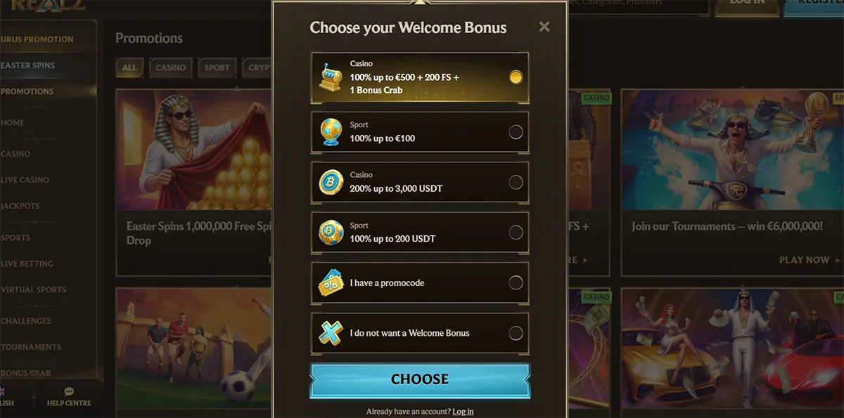 Casino welcome bonus selection popup with multiple bonus options for casino, sport, and crypto offers, plus promo code and no-bonus choices, and a bright blue choose button on a dark gold casino interface.